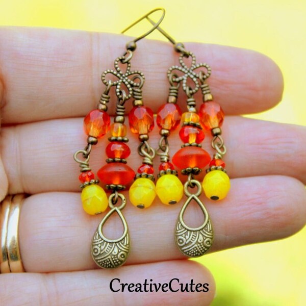 Rustic Orange Chandelier Earrings, Czech Bead Earrings, Dainty Beaded Earrings for Women, Handmade Bohemian Jewelry, Colorful Bead Dangles