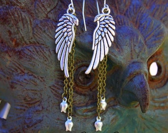 Long Rustic Eagle Wing Earrings, Bohemian Silver Wing & Brass Chain Dangles, Boho Hippie Wings Earrings, Earthy Gypsy Soul Earrings