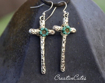 Silver Boho Cross Earrings, Turquoise Czech Flower Bead Crosses, Long Rustic Bohemian Hippie Christian Cross Earring Dangles