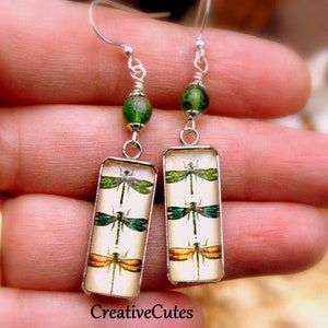 Rustic Boho Dragonfly Earrings, Green Czech Bead Dangles, Dainty Glass Dragonflies Art Image Tiles, Unique Handmade Bohemian Nature Jewelry