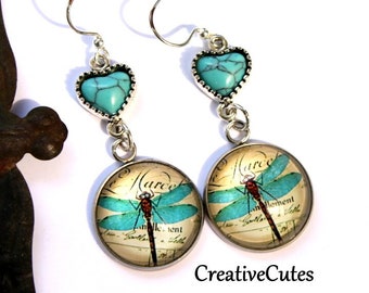 Turquoise Dragonfly Earrings, Blue Dragonflies Art Images under Glass, Aqua Heart Dragonflies Dangles, Bohemian Dragonfly Lover Gift
