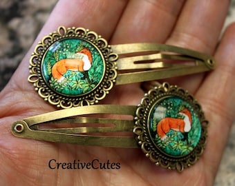 Cute Red Fox Hair Clips, Set of 2 Brass Snap Clips, Red Fox and Green Forest Glass Images, Hair Clips for Girls & Women, Boho Hair Jewelry