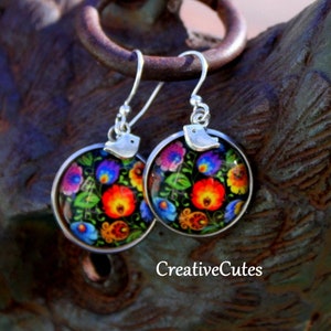 Colorful Folk Art Flowers Earrings, Bohemian Flower Images under Glass, Boho Tiny Silver Bird Dangles, Folk Art Jewelry, Cute Jewelry Gift