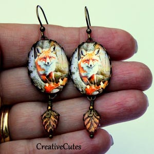 Red Fox Earrings, Rustic Fox Art Dangles, Glass Leaf Earrings, Nature Lover Jewelry, Bohemian Woodland Earrings, Artisan Fox Jewelry