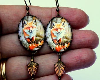 Red Fox Earrings, Rustic Fox Art Dangles, Glass Leaf Earrings, Nature Lover Jewelry, Bohemian Woodland Earrings, Artisan Fox Jewelry