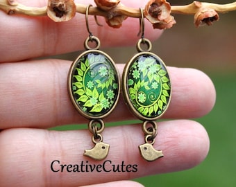 Dainty Green Fern Art Earrings, Tiny Bronze Bird Dangle Earrings, Colorful Leaf Art Image under Glass, Boho Nature Lover Jewelry Gift