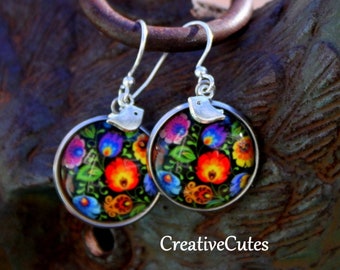 Colorful Folk Art Flowers Earrings, Bohemian Flower Images under Glass, Boho Tiny Silver Bird Dangles, Folk Art Jewelry, Cute Jewelry Gift
