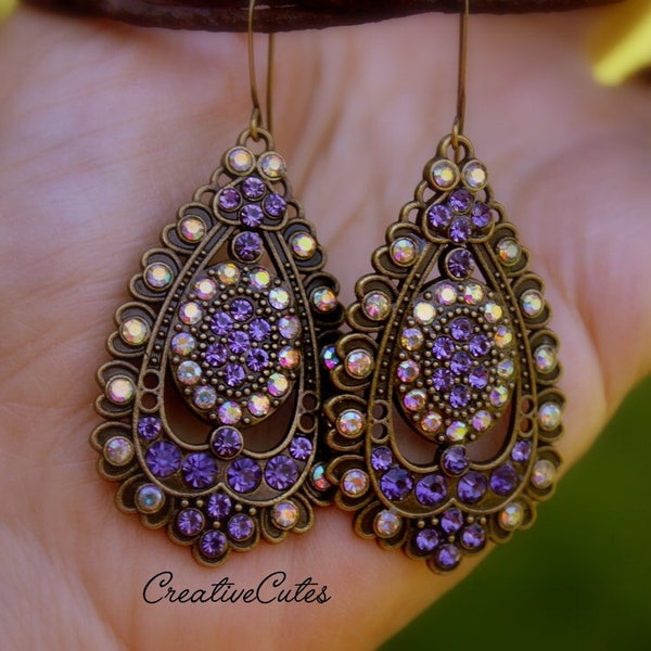 Purple Victorian Rhinestone Earrings, Lavender Teardrop Earrings, Rustic Brass Bohemian Sparkly Dangles, Large Boho Hippie Earrings,