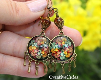 Rustic Mandala Earrings, Earthy Colorful Mandala Jewelry, Boho Czech Bead Chandelier Earrings, Glass Mandala Dangles, Cute Bohemian Earrings