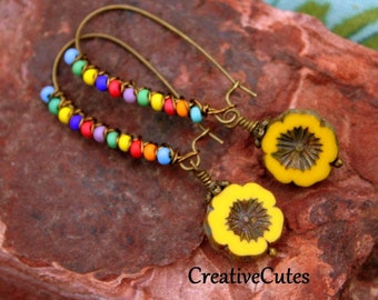 Colorful Beaded Flower Earrings, Yellow Czech Glass Flower & Rainbow Seed Beads, Boho Hippie Dangles, Bohemian Jewelry, Summer Fun Earrings