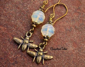 Bumble Bee Earrings, Pineapple Quartz Gemstone Bead Earrings, Rustic Brass Queen Bee Dangles, Save the Bees Jewelry, Boho Bee Earrings
