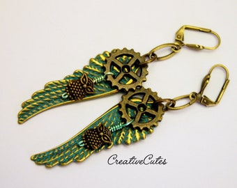 Rustic Boho Steampunk Earrings, Turquoise Green Patina Brass Angel Wings, Gear Wheels, Tiny Bronze Owls, Unique Bohemian Hippie Chic Style