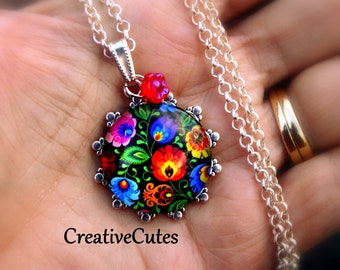 Colorful Boho Folk Art Flower Pendant Necklace, Bright Flower Art Images Under Glass, Red Czech Glass Bead, Bohemian Hippie Style Necklace