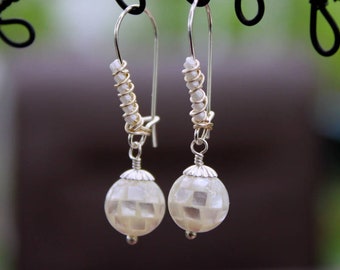 White Pearl Disco Ball Earring, Mother of Pearl Mosaic Beads, Beaded Ear Wires, Cute Boho Cocktail Earring, Fun Funky Dangles, Bohemian Chic
