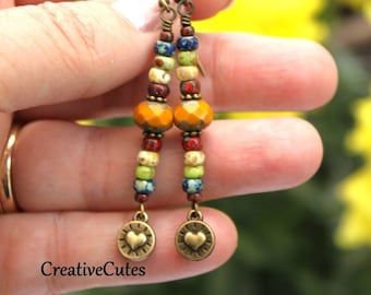 Rustic Boho  Bead Earrings, Colorful Czech Bead Dangles, Tiny Bronze Heart Charm Earrings, Simple Bohemian Girlfriend Jewelry Gift