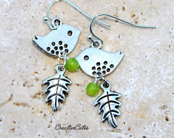 Simple Silver Bird Earrings, Boho Leaf Dangle Earrings, Lime Green Czech Bead Earrings, Cute Boho Hippie Earrings, Nature Lover Jewelry Gift