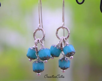 Dainty Boho Turquoise Earrings, Blue Czech Glass Bead Earrings, Cluster Bead Dangles, Silver & Turquoise Earrings, Blue Bead Chandeliers