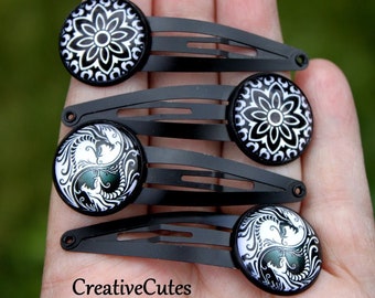 Dragon & Mandala Hair Clips, Set of 4 Black Metal Snap Clips, Glass Flower Mandala and Yin Yang Dragon Art Designs, Boho Hair Jewelry