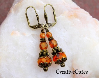 Rustic Boho Amber Glass Bead Earrings, Earthy Honey Amber Czech Bead Dangles, Handmade Dainty Victorian Bronze Earrings, Vintage Style Drops