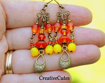 Rustic Orange Chandelier Earrings, Czech Bead Earrings, Dainty Beaded Earrings for Women, Handmade Bohemian Jewelry, Colorful Bead Dangles