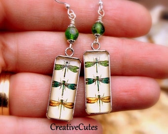 Rustic Boho Dragonfly Earrings, Green Czech Bead Dangles, Dainty Glass Dragonflies Art Image Tiles, Unique Handmade Bohemian Nature Jewelry