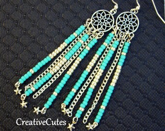 Boho Turquoise Long Beaded Earrings, Turquoise Chandelier Earrings, Bohemian Blue & Silver Mandala Dangles, Yoga Jewelry, Hippie Earrings