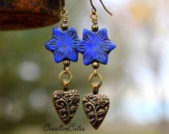 Rustic Blue Flower Earrings, Bronze Heart Earrings, Cobalt Blue Czech Flower Bead Earrings, Boho Heart Dangles, Cute Bohemian Jewelry