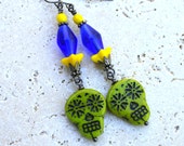Sugar Skull Earrings, Day of the Dead Jewelry, Unique Boho Earrings Colorful Czech Glass Bead Earrings Blue Lime Yellow Funky Dangles