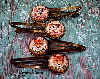Autumn Fox & Owl Hair Clips, Set of 4 Brass Snap Clips, Colorful Fall Forest Animal Images under Glass, Fox Lover Gift, Owl Lover Gift