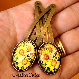 Colorful Sunflower Art Hair Clips, Set of 2 Oval Brass Snap Clips, Yellow Sunflower Art under Glass, Unique Boho Womens Floral Hair Clips