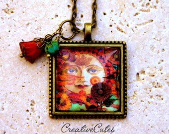 Rustic Sun Art Pendant, Warm Sun Face Graphic Under Glass, Orange & Sage Czech Glass Beads, Long Bronze Chain