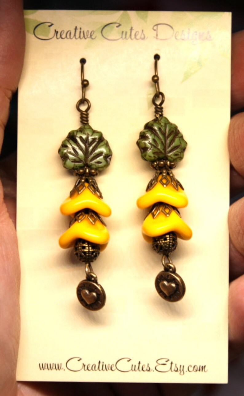 Earthy Bohemian Hippie Earrings Sunflower Yellow Flower Earrings Rustic Green Leaf Czech Bead Earrings Boho Bronze Heart Dangles Dangles