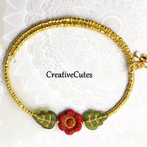 Red Flower Bracelet, Single Slim Stacking Cuff Bracelet, Bohemian Czech Bead Bracelet, Simple Oval Memory Wire Stretch Bracelet