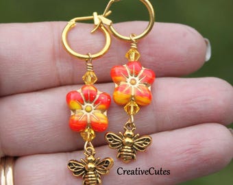 Dainty Gold Bee Earrings, Orange & Yellow Flower Dangles, Swarovski Crystals, Bumble Bee Hoops, Bee Lover Jewelry, Boho Spring Earrings