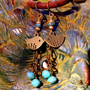 Rustic Boho Bird Earring Dangles, African Turquoise Beads, Czech Glass Beads, Brass Chain Dangles, Charming Bohemian Hippie Bird Earrings image 2