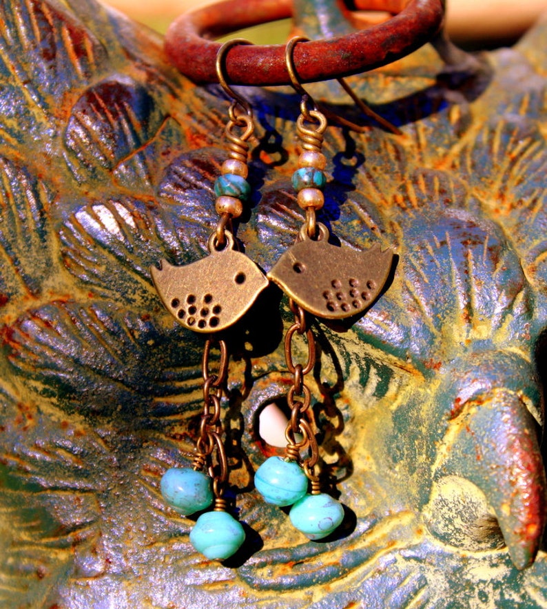 Rustic Boho Bird Earring Dangles, African Turquoise Beads, Czech Glass Beads, Brass Chain Dangles, Charming Bohemian Hippie Bird Earrings image 2