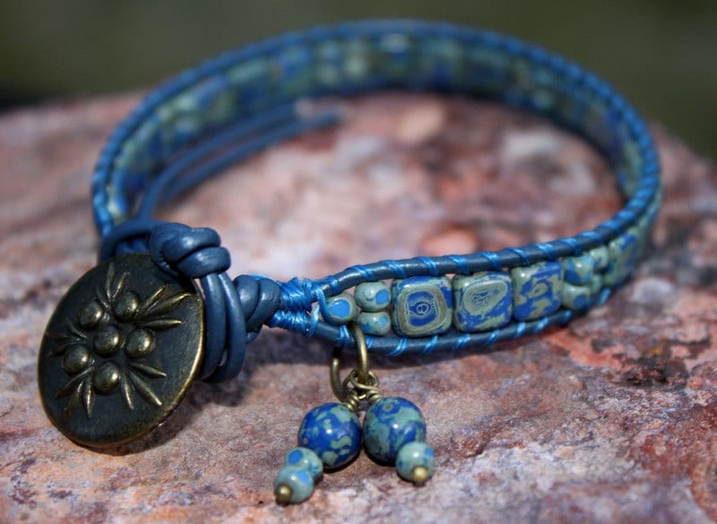 Beaded Leather Wrap Bracelet Blue Boho 7-1/2 Bracelet | Etsy