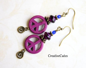Purple Peace Earrings, Bohemian Peace Dangles, Czech Glass Beads, Rustic  Boho Peace Sign Jewelry, Purple Hippie Dangle Earrings