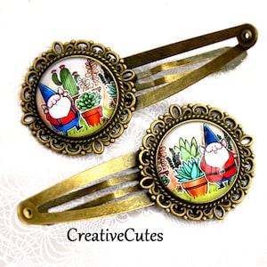 Cute Garden Gnome Hair Clips, Set of 2 Brass Spring Snap Clips, Colorful Gnomes & Cactus Succulents under Glass, Fun Boho Barrettes