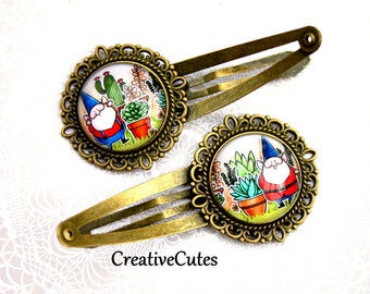Cute Garden Gnome Hair Clips, Set of 2 Brass Spring Snap Clips, Colorful Gnomes & Cactus Succulents under Glass, Fun Boho Barrettes