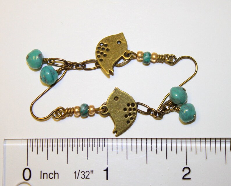 Rustic Boho Bird Earring Dangles, African Turquoise Beads, Czech Glass Beads, Brass Chain Dangles, Charming Bohemian Hippie Bird Earrings image 3