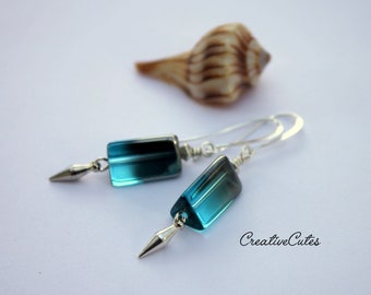 Modern Teal Blue Glass Earrings, Unique Triangle Bead Earrings, Czech Glass Earrings, Silver Pendulums, Modern Bohemian Geometric Jewelry