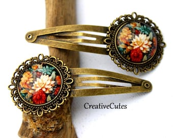 Autumn Flowers Hair Clips, Set of 2 Brass Snap Clips, Colorful Fall Mums Images under Glass, Womens Jewel Tone Floral Hair Clips