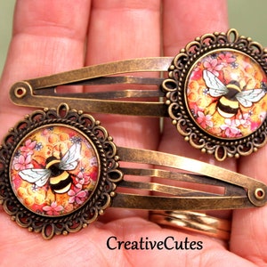 Juego de pinzas para el pelo rústicas con diseño de abeja, 2 pinzas de latón con resorte, imágenes de abejas y flores envueltas en vidrio, bonitas pinzas bohemias para mujeres y niñas.