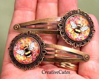 Rustic Bumble Bee Hair Clip Set, Set of 2 Brass Spring Snap Clips, Glass Encased Bee & Flower Images, Cute Boho Hair Clips for Women + Girls