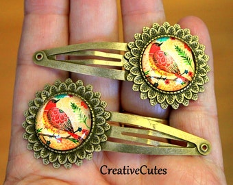 Colorful Boho Bird Hair Clips, Set of 2 Brass Spring Snap Clips, Red Bohemian Bird Glass Cabochons, Rustic Nature Bird Barrettes