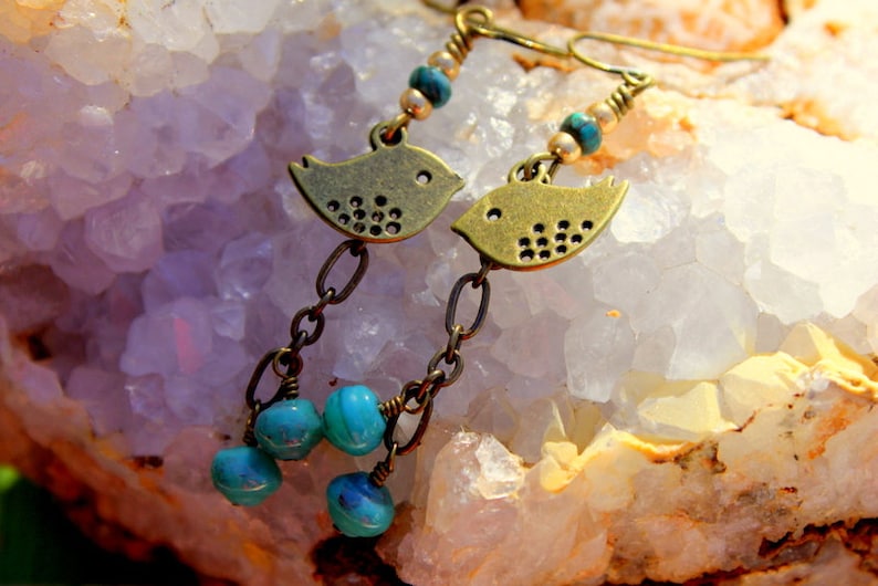 Rustic Boho Bird Earring Dangles, African Turquoise Beads, Czech Glass Beads, Brass Chain Dangles, Charming Bohemian Hippie Bird Earrings image 5