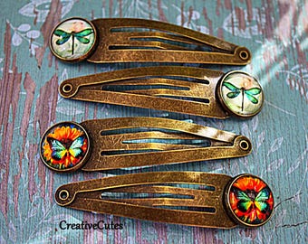 Small Butterfly & Dragonfly Snap Hair Clips, Tiny Strong Bronze Nature Hair Clips, 1 Set of each Design, Art Hair Clips for Girls and Women