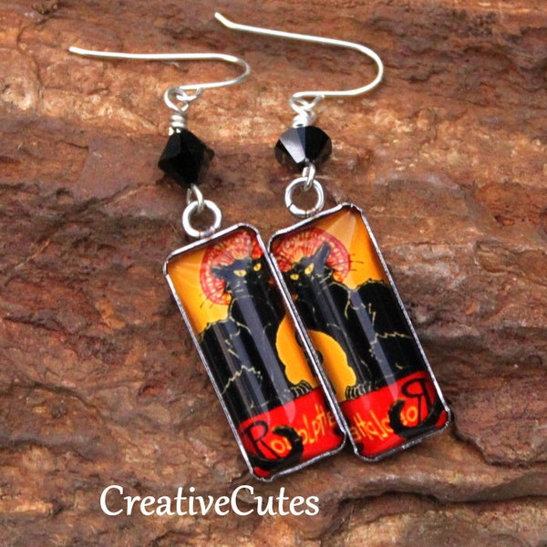 Cute Cat Art Earrings, Tournee du Chat Noir Earrings, Rodolphe Salis Art Jewelry, Dainty Boho Cat Dangles, Black Swarovski Crystal Earrings