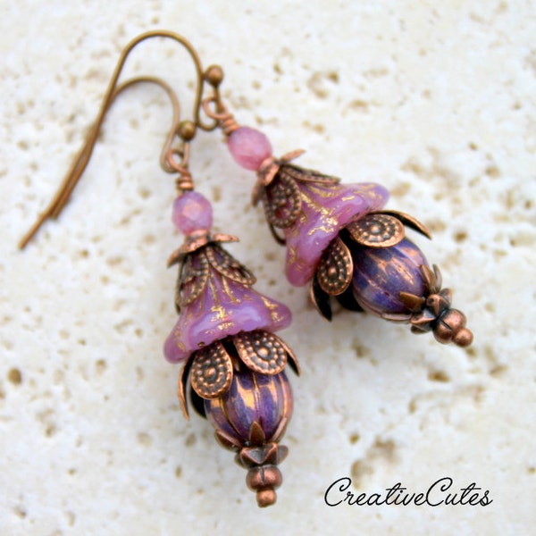 Lovely Lavender Boho Earring Dangles, Rustic Copper Flowers, Purple Czech Glass Beads, Unique Vintage Bohemian Hippie Chic Style